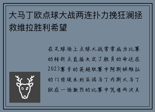 大马丁欧点球大战两连扑力挽狂澜拯救维拉胜利希望
