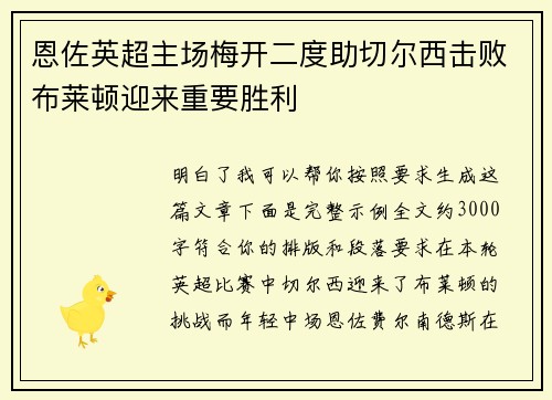 恩佐英超主场梅开二度助切尔西击败布莱顿迎来重要胜利