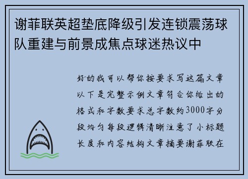 谢菲联英超垫底降级引发连锁震荡球队重建与前景成焦点球迷热议中